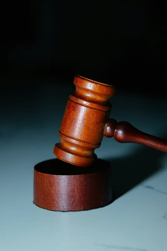 Wooden judge's gavel resting on its sound block
